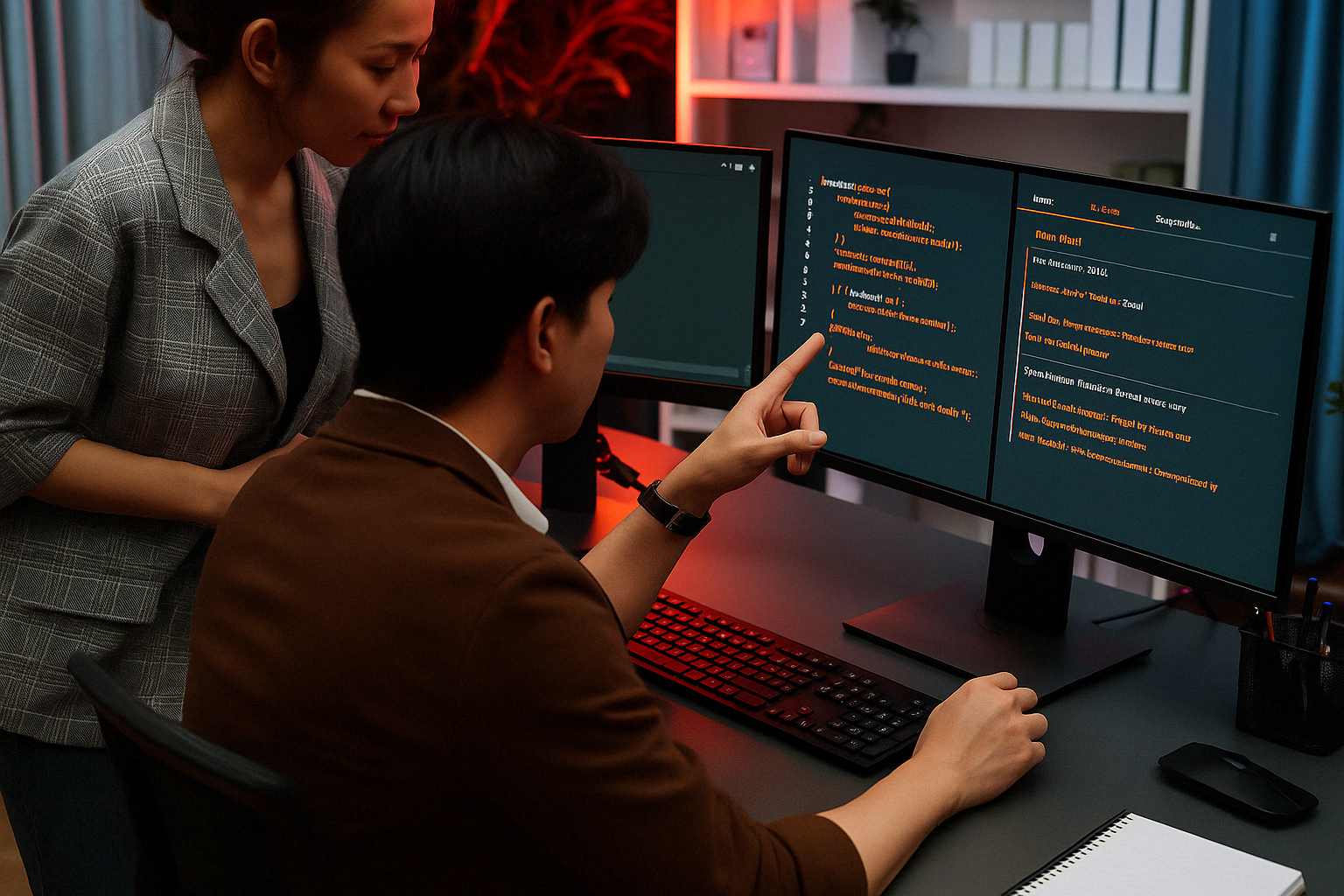 A man and a woman working in codes