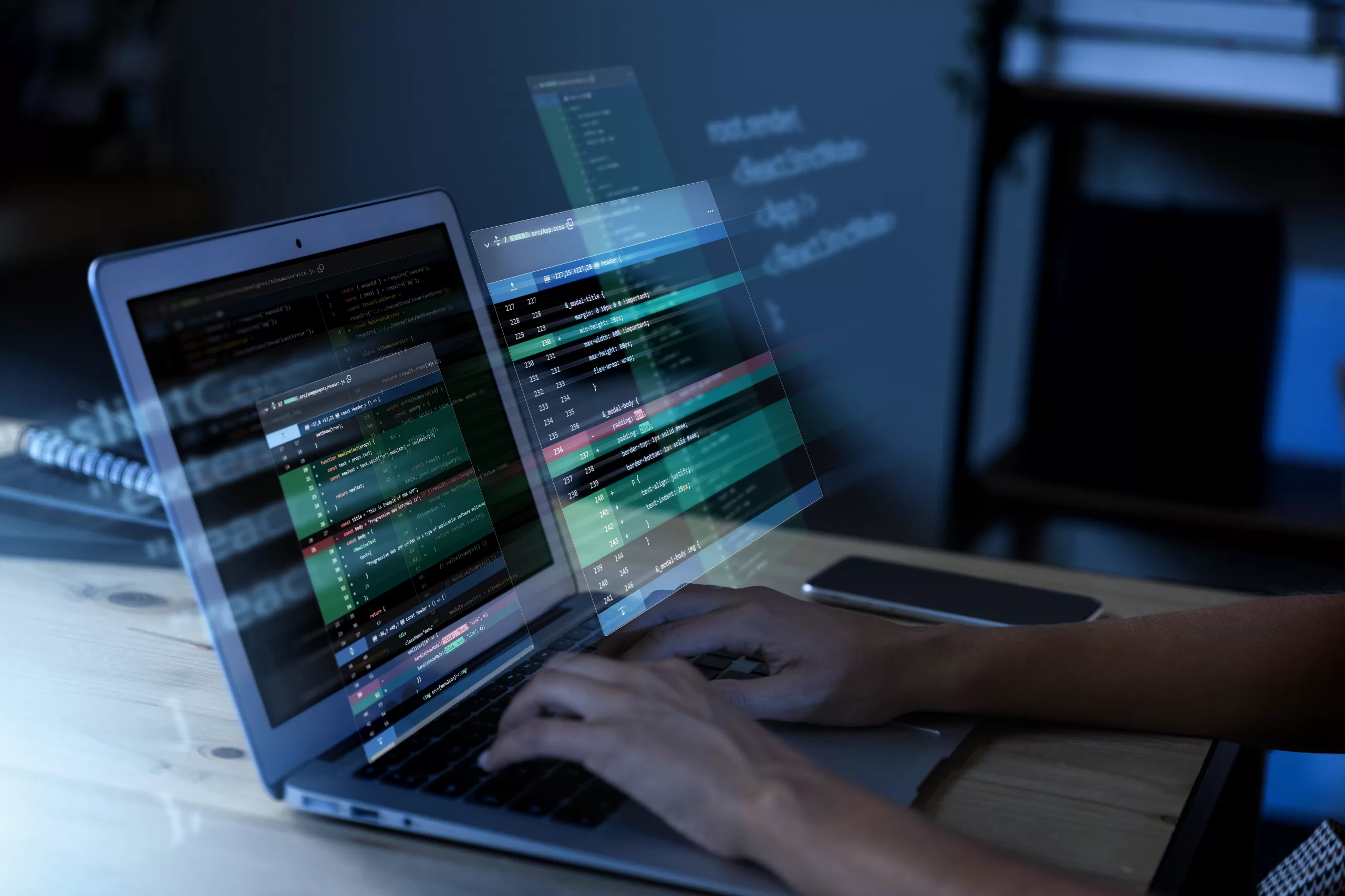Person coding on a laptop with layered digital screens showing colorful lines of code, representing software testing or development.