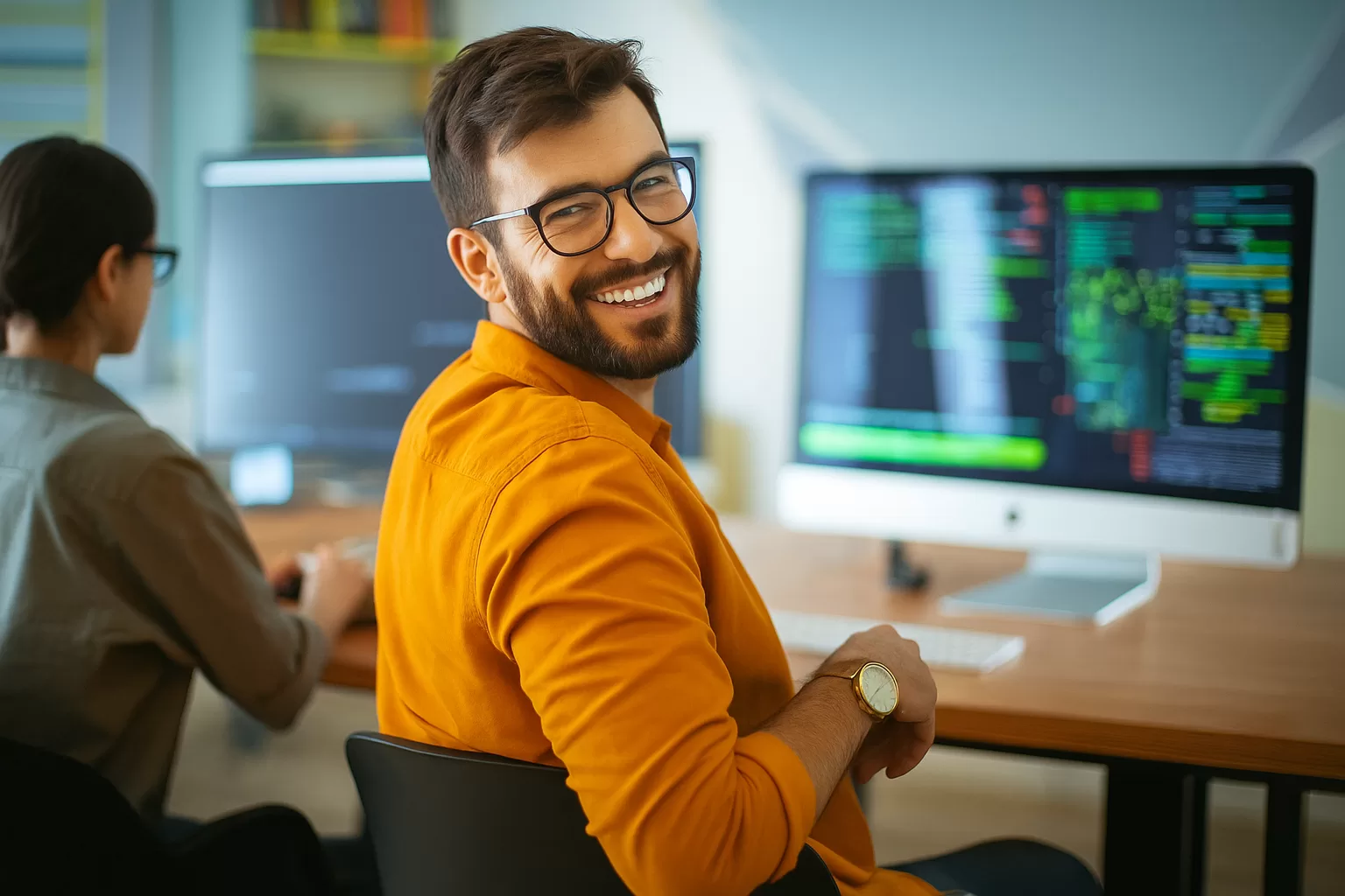 A man smiling working with software development