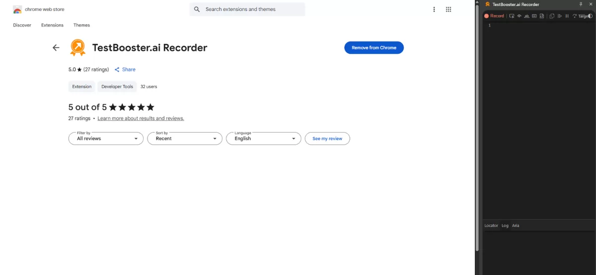 Screenshot of the TestBooster.ai Recorder extension page on the Chrome Web Store, showing a 5-star rating based on 27 reviews and 32 users. 