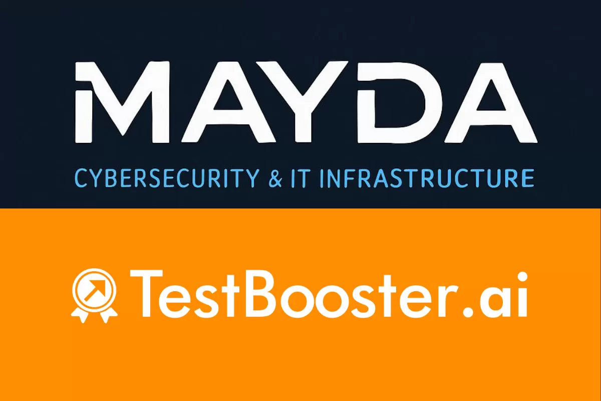 Mayda and TestBooster.ai logos side by side, highlighting a partnership in cybersecurity and quality.