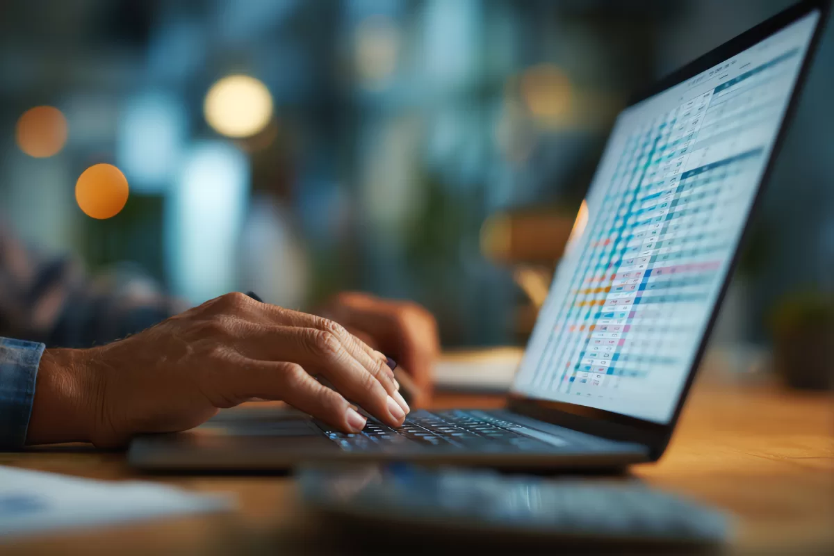 Desenvolvedor trabalhando em laptop com planilha de testes automatizados visível na tela em ambiente de escritório