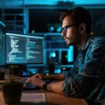 Desenvolvedor trabalhando com múltiplos monitores exibindo código e ferramentas de desenvolvimento