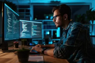 Desenvolvedor trabalhando com múltiplos monitores exibindo código e ferramentas de desenvolvimento