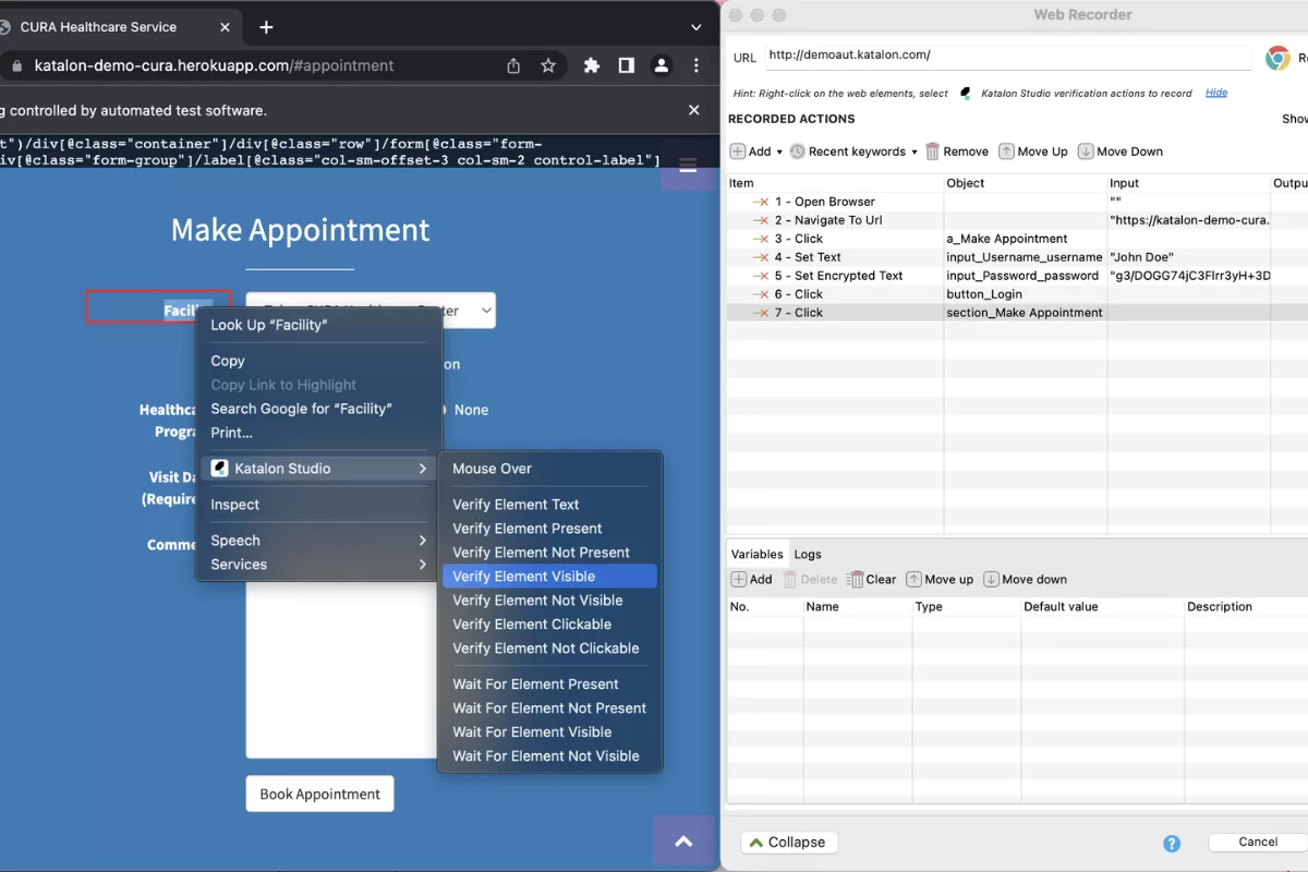 Tela do Katalon Studio com o Web Recorder aberto, listando ações gravadas de um teste (abrir navegador, navegar, clicar, preencher campos) em uma página de agendamento.