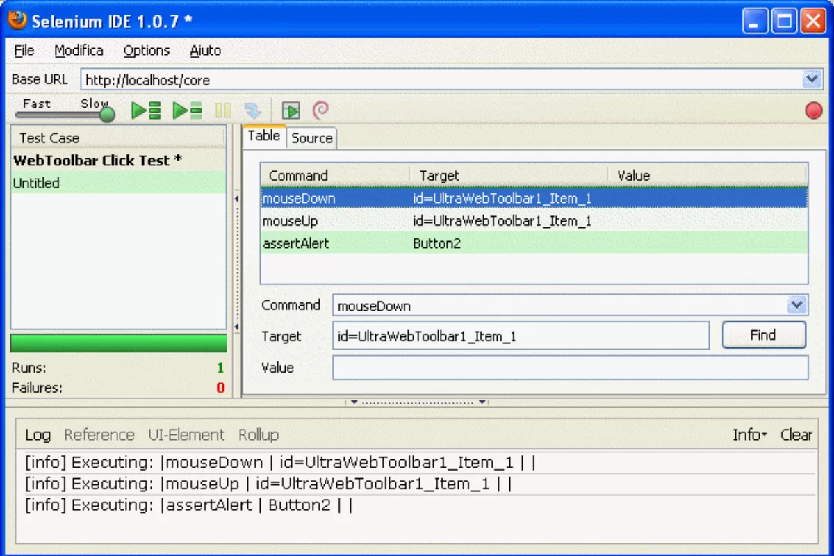 Selenium IDE interface showing a test case with commands (mouseDown, mouseUp, assertAlert), targets, and the execution log.