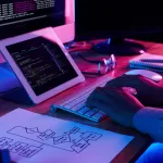 Close-up das mãos de um programador digitando em um teclado prateado sob iluminação azul e rosa. À esquerda, há um tablet exibindo código e um papel com um fluxograma desenhado à mão. Ao fundo, um monitor mostra linhas de código de um terminal.