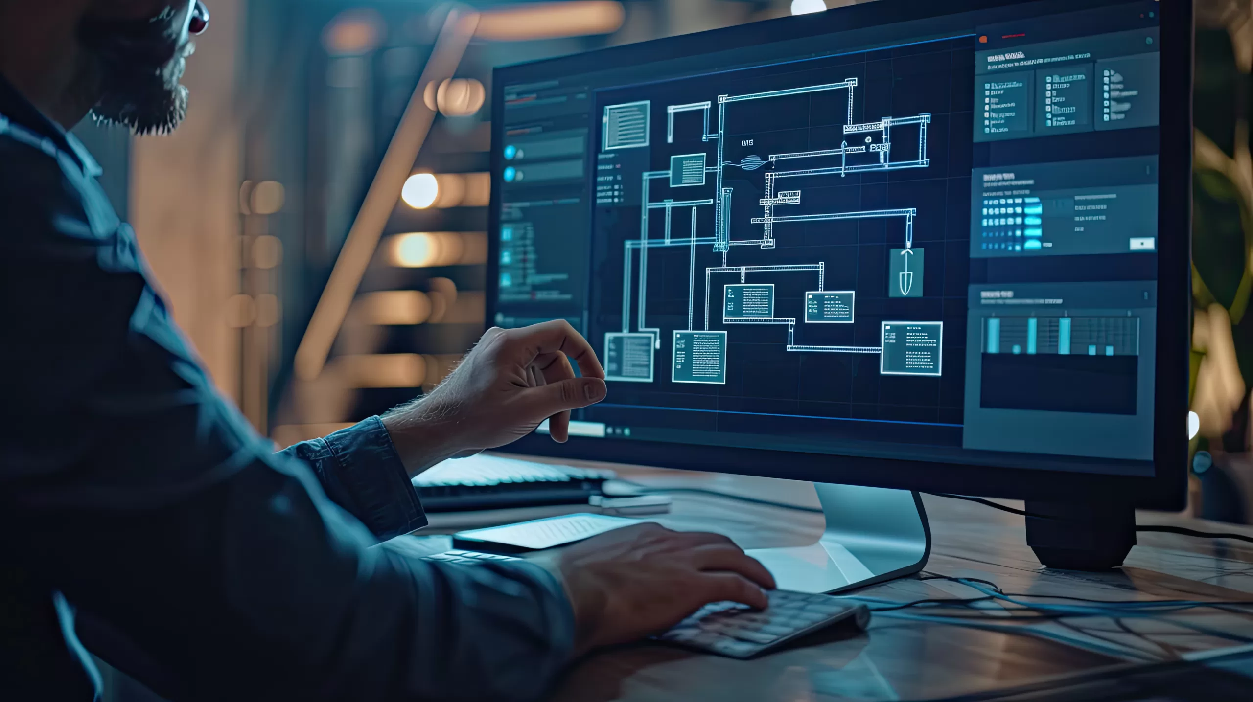 Person working in front of a large monitor showing a technical diagram, representing software architecture.