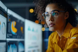 Tech professional reviewing dashboards and metric charts on multiple monitors, focused on data and performance.