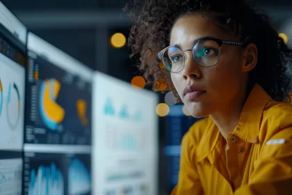 Tech professional reviewing dashboards and metric charts on multiple monitors, focused on data and performance.