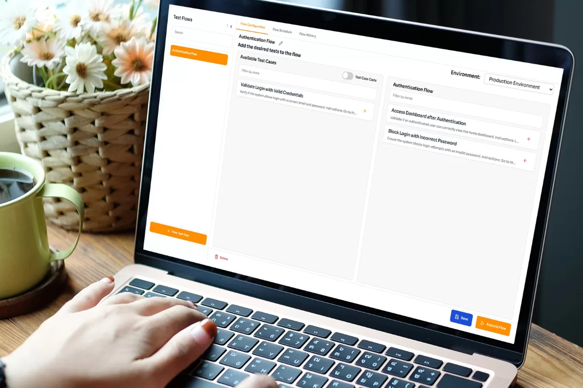 Person using laptop with TestBooster.ai interface showing authentication flow and available test cases for login validation in production environment