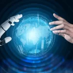 Mão robótica e mão humana tocando um globo digital holográfico representando a integração entre inteligência artificial e automação de testes de software para 2026